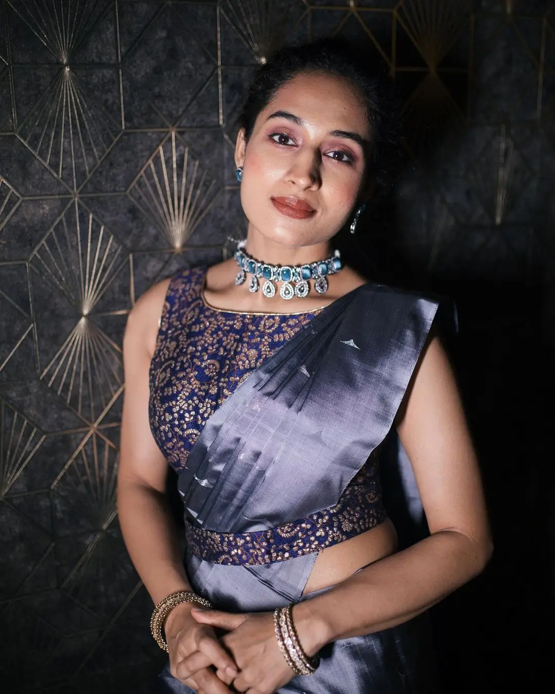 Pooja Ramachandran in Blue Saree Sleeveless Blouse